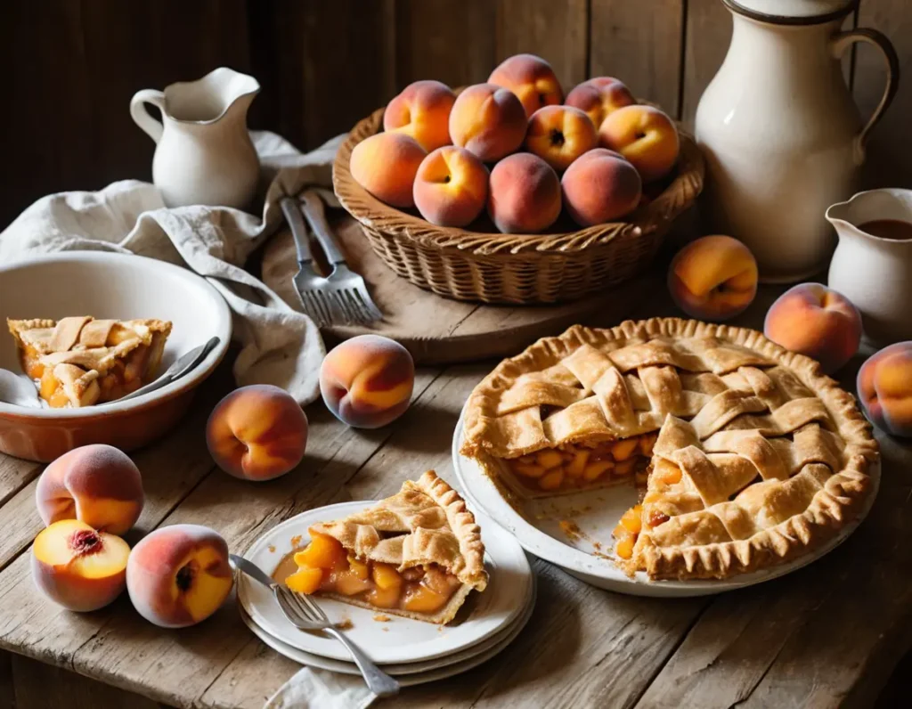 A golden-brown peach pie made with cake mix, served in a rustic pie dish, topped with fresh peach slices and a dusting of powdered sugar. The pie is placed on a wooden table surrounded by fresh peaches and a linen napkin