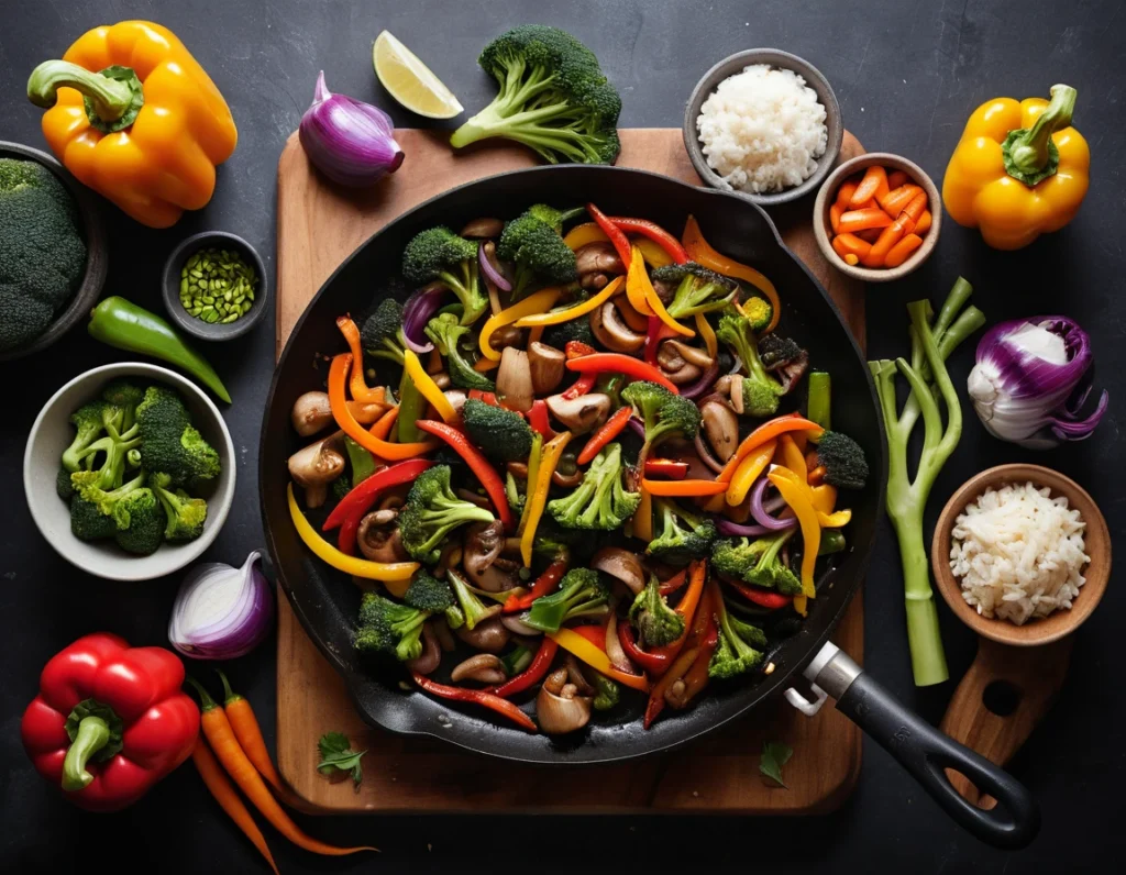 Delicious Blackstone Veggie Stir-Fry with colorful vegetables like bell peppers, zucchini, and carrots, cooked to perfection on a Blackstone griddle.