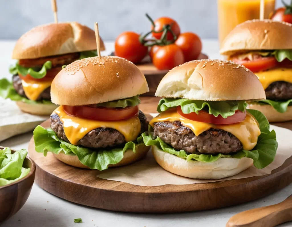 A close-up of a juicy grilled burger with a perfectly seared patty, melted cheese, fresh lettuce, tomato slices, and a toasted bun, served with crispy fries on the side.