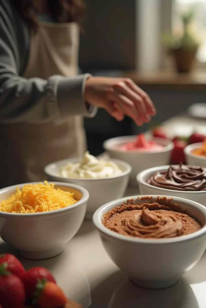 Flat lay of ingredients for a gender reveal cake, including flour, sugar, eggs, butter, food coloring, and sprinkles, arranged on a wooden countertop with measuring spoons and a whisk.