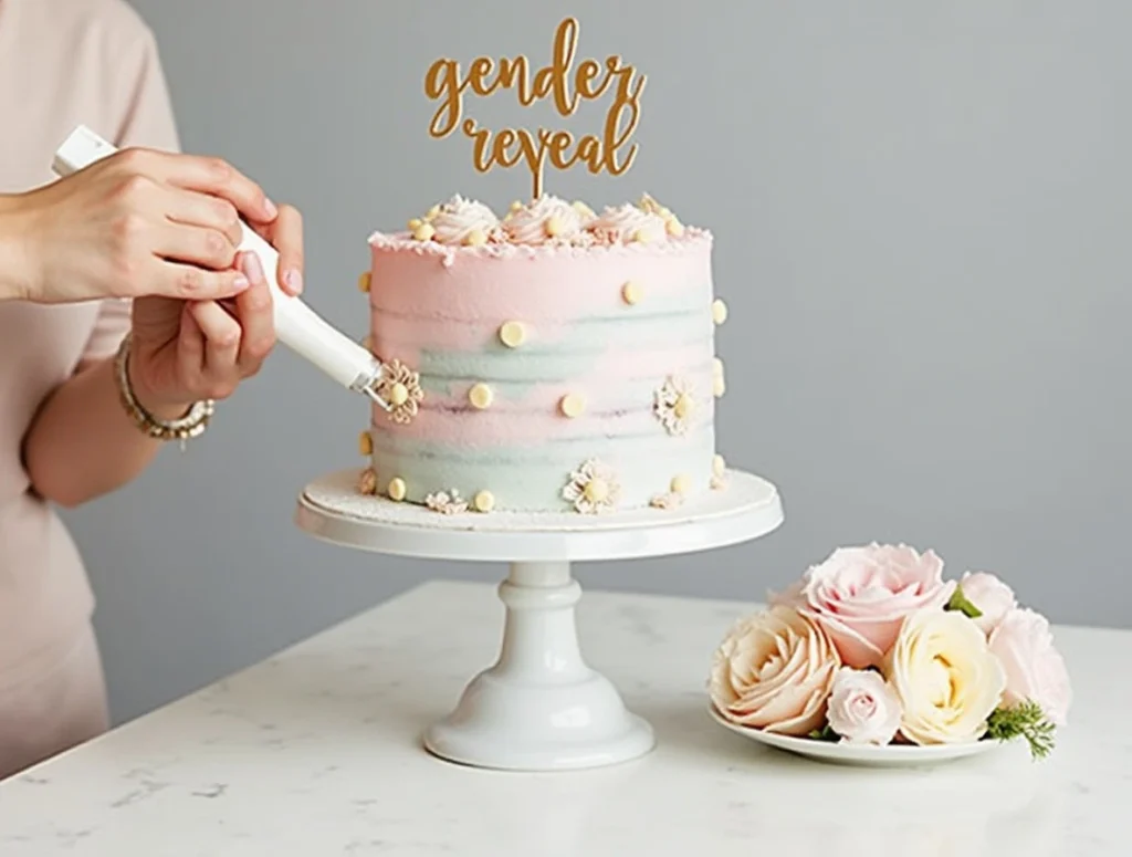A beautifully decorated gender reveal cake with pastel pink and blue frosting, featuring a surprise center filled with colorful candies.