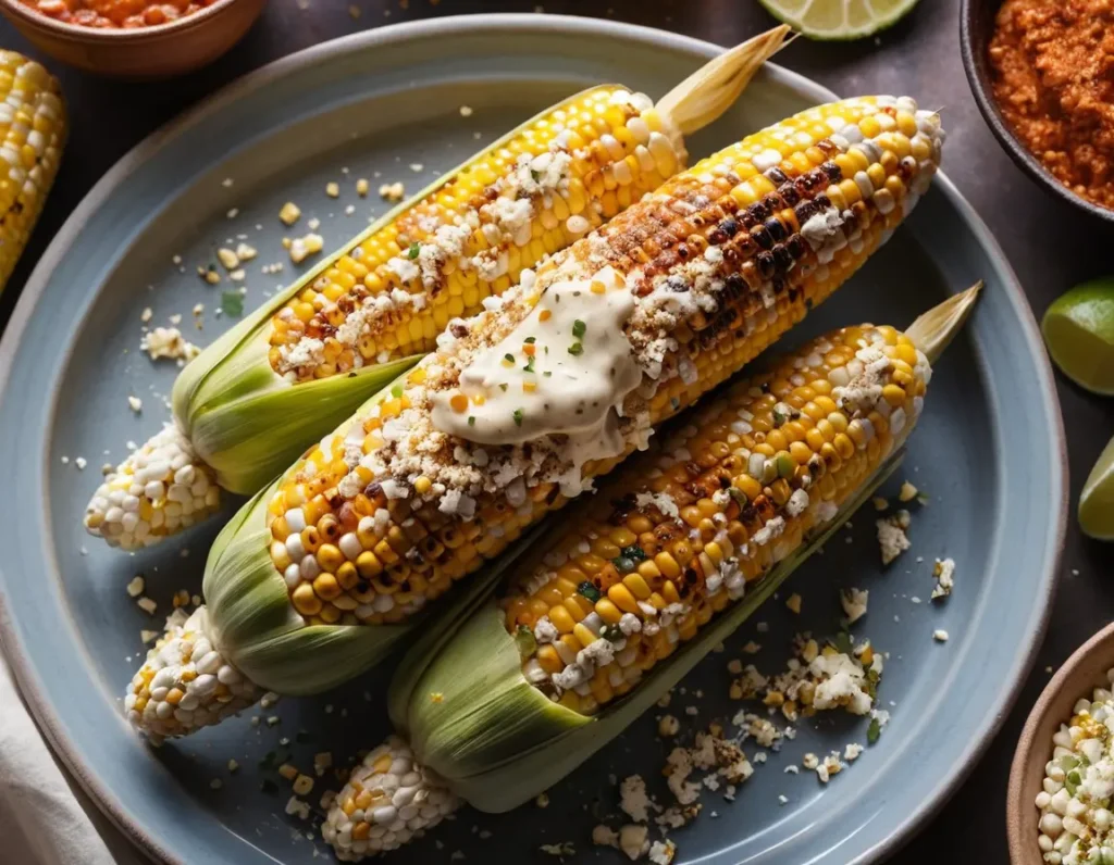 Golden grilled corn on the cob with charred kernels, garnished with fresh herbs and a sprinkle of seasoning.