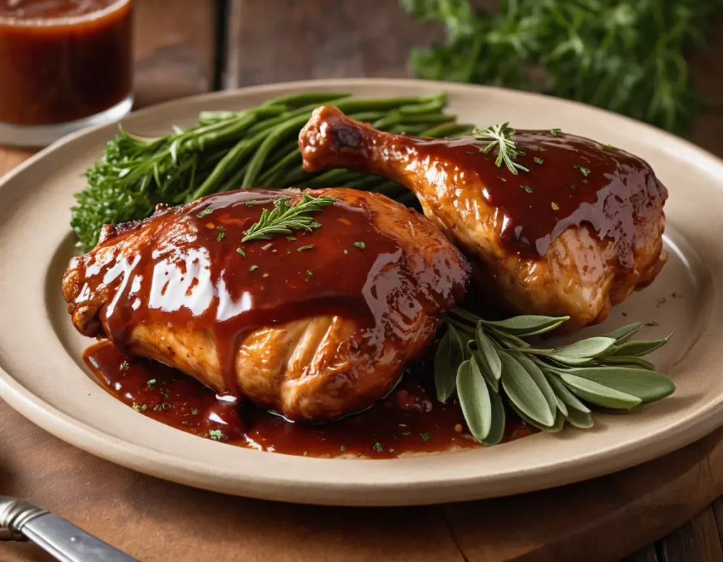 A plate of smoked BBQ chicken thighs with a glistening glaze, garnished with fresh parsley, served alongside a side of coleslaw and grilled vegetables on a rustic wooden table;Raeger Recipes