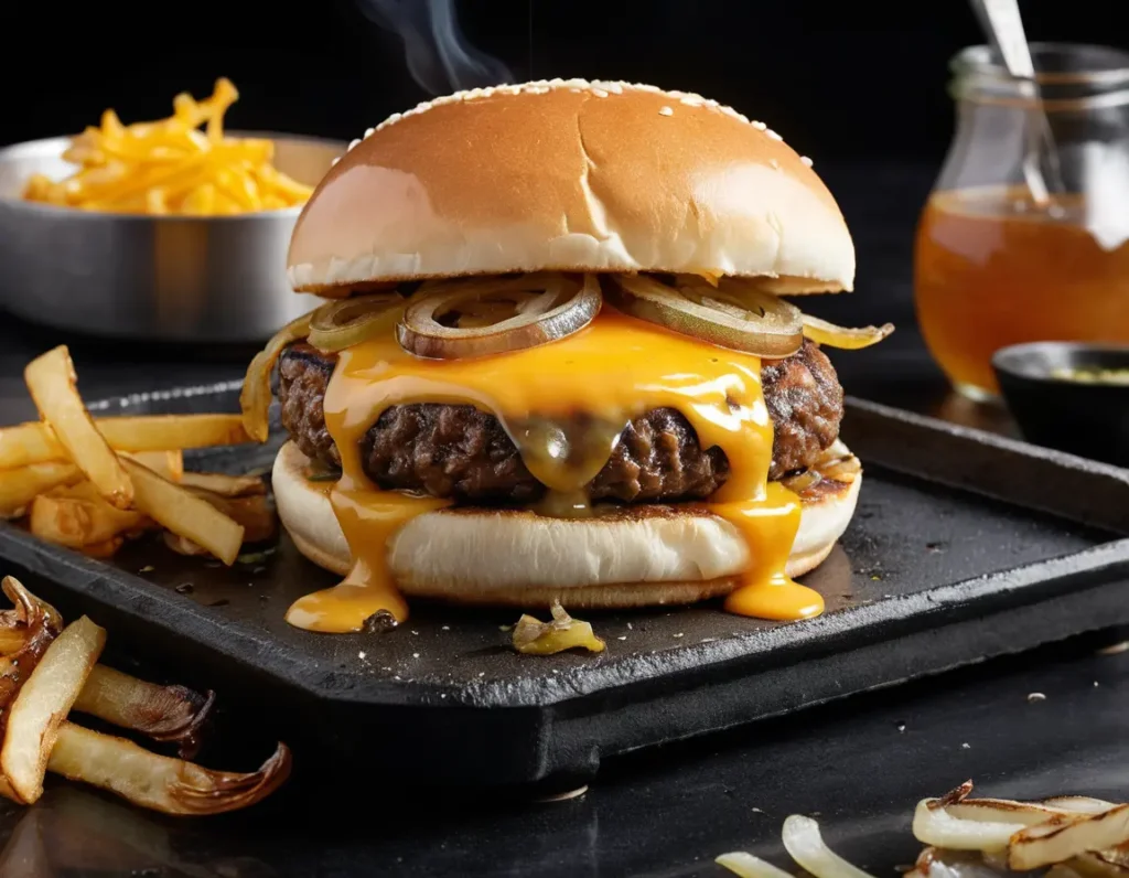 Close-up of a perfectly cooked Blackstone Smash Burger with crispy edges, melted cheese, and fresh toppings like lettuce, tomato, and pickles, served on a toasted bun