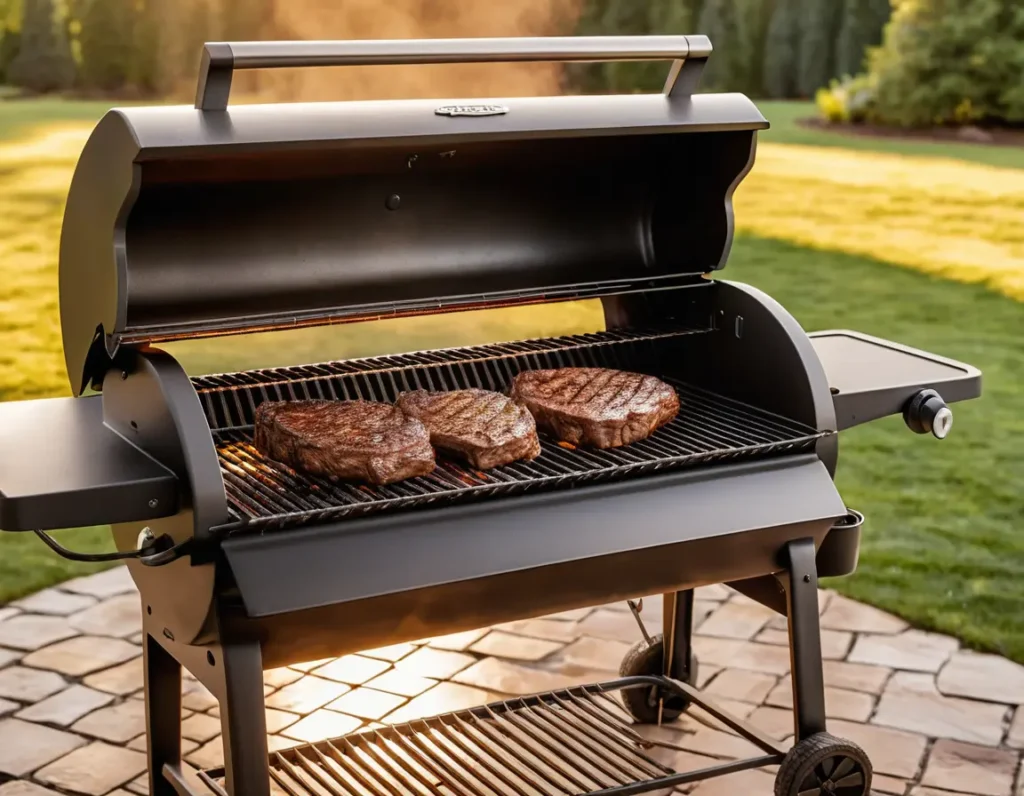 A timeline illustration showing the evolution of pellet grilling, featuring early wood pellet grills, modern high-tech models with digital controls, and a backyard BBQ scene with a family grilling outdoors.