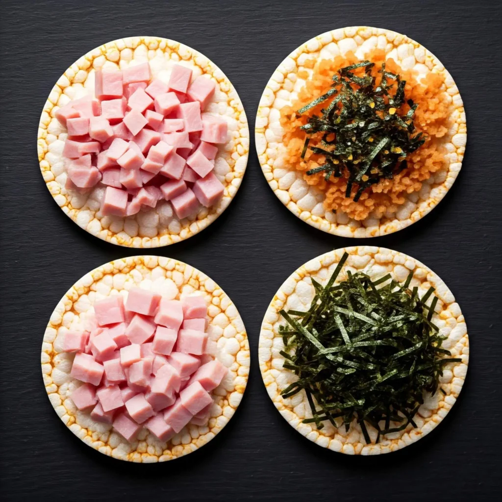A variety of savory toppings for a rice cake snack, artfully arranged to create a hearty, comfort food feel.