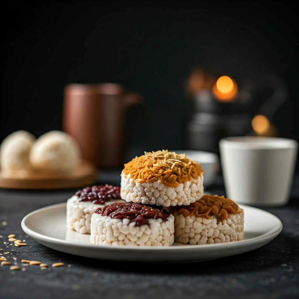 A close-up shot of various savory toppings arranged on a plate, perfect for a hearty rice cake snack.