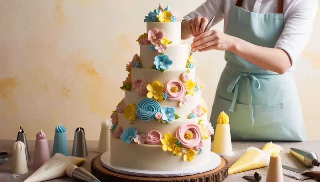 Piping colorful buttercream flowers onto the Barbie cake for an elegant look.