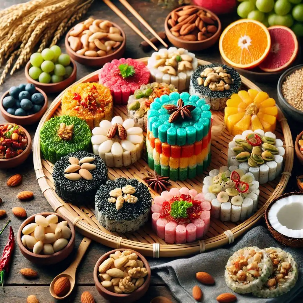 A variety of rice cakes topped with healthy ingredients suitable for special diets.