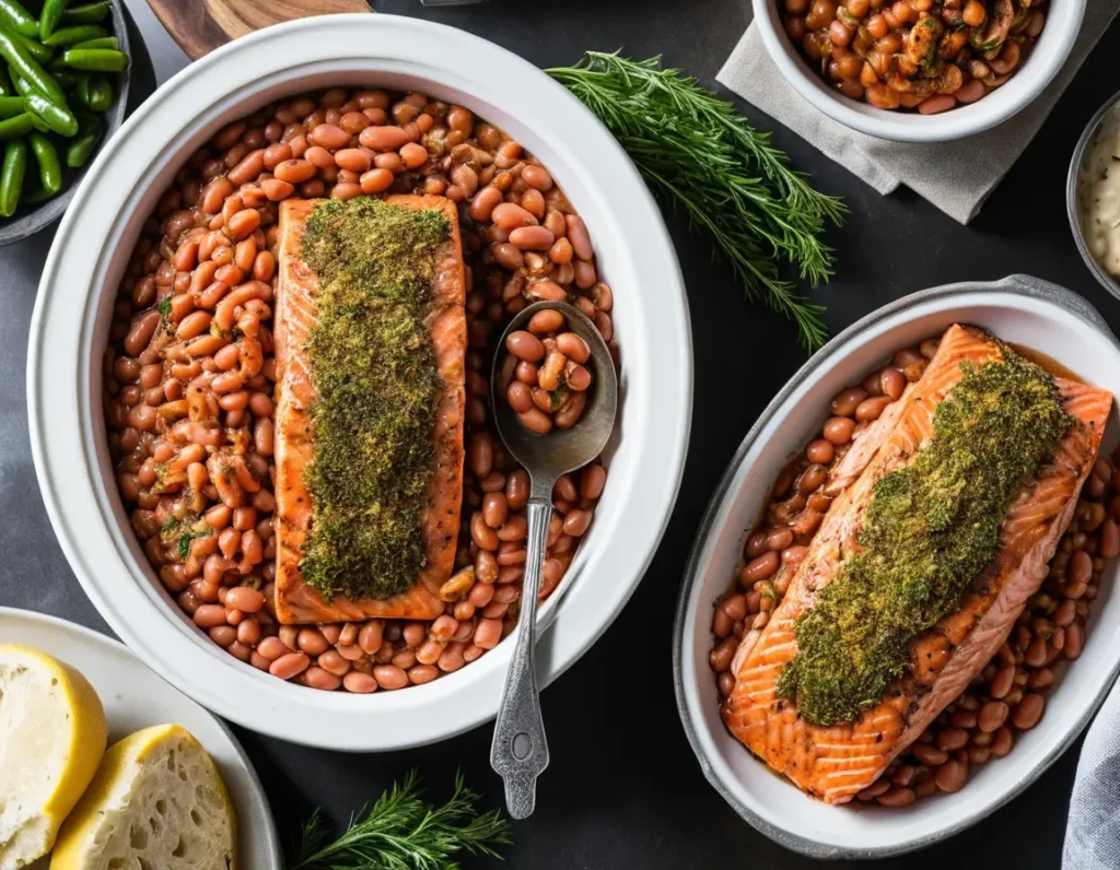 Close-up of Traeger-Style Baked Beans served in a rustic bowl, with smoky and savory beans topped with crispy bacon and fresh herbs.