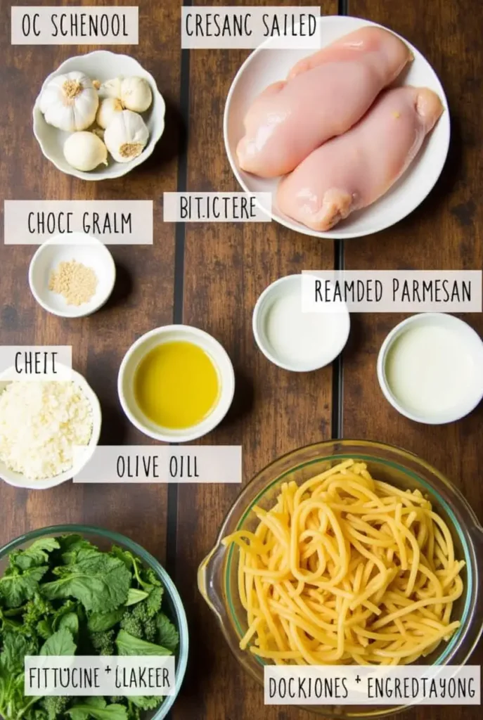 Ingredients for Garlic Parmesan Chicken Pasta, including chicken, pasta, garlic, Parmesan cheese, cream, and fresh parsley