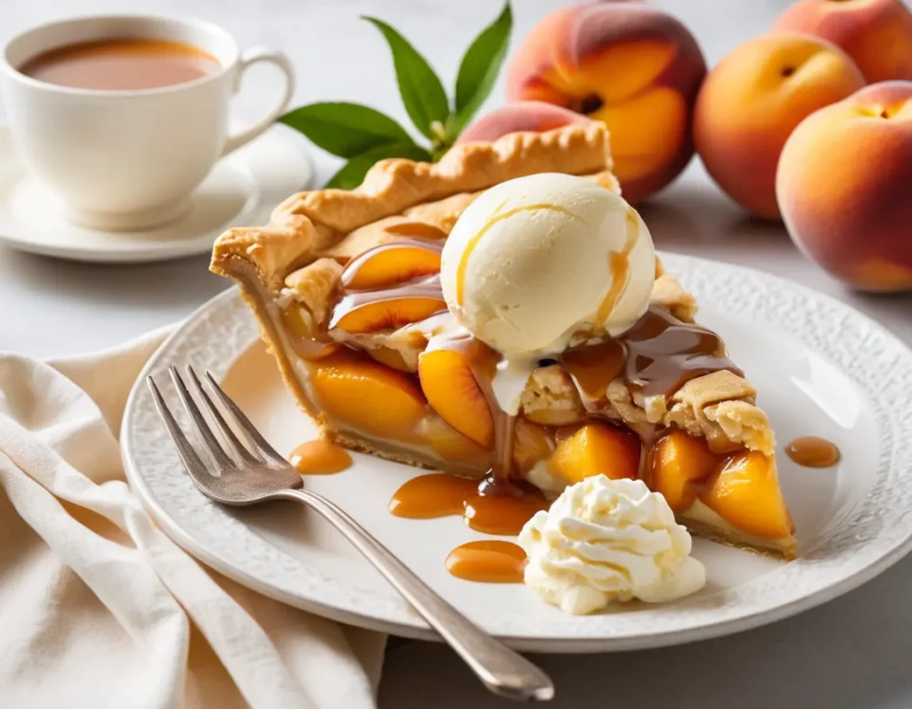A freshly baked peach pie with cake mix, golden brown and slightly cooled, served on a rustic wooden table with a side of vanilla ice cream and garnished with fresh peach slices.