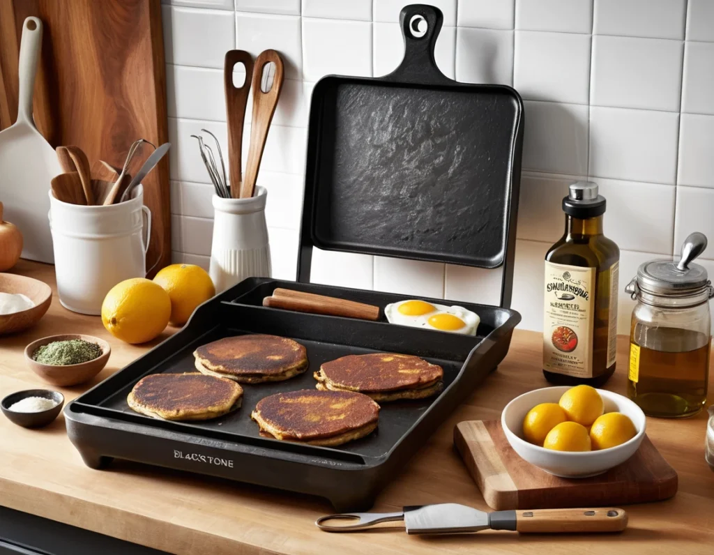A delicious array of dishes cooked on a griddle, showcasing sizzling meats, veggies, and pancakes, with steam rising from the griddle.Blackstone Recipes