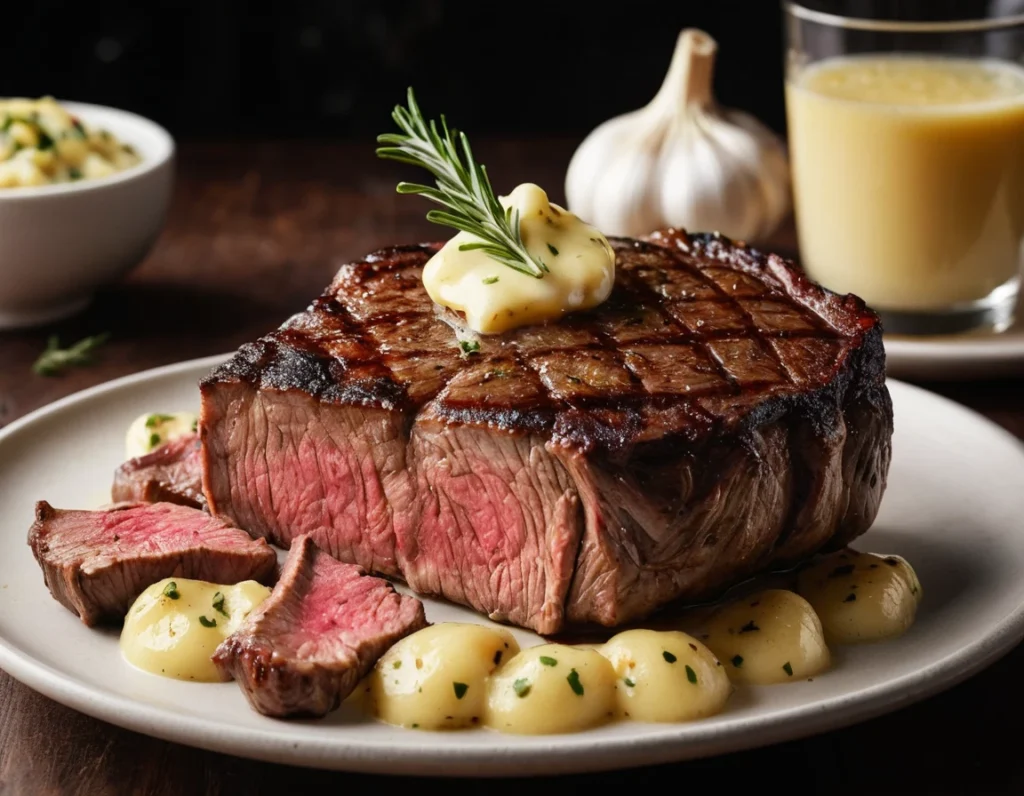Perfectly Smoked Ribeye Steaks with a crispy char, served with grilled vegetables on a rustic wooden plate.