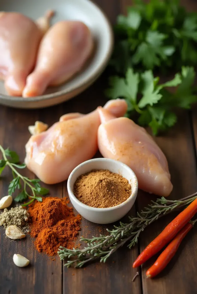 Ingredients for Cinnamon Queen Chicken: chicken breasts, cinnamon, garlic, olive oil, honey, soy sauce, and fresh herbs.