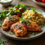 Golden-brown Cinnamon Queen Chicken garnished with fresh herbs, served on a plate with a side of vegetables.