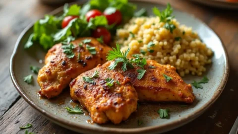 Golden-brown Cinnamon Queen Chicken garnished with fresh herbs, served on a plate with a side of vegetables.