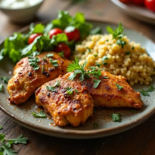 Golden-brown Cinnamon Queen Chicken garnished with fresh herbs, served on a plate with a side of vegetables.