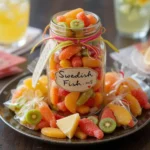 Colorful Swedish fish candy arranged on a tray alongside ingredients for a fun dessert recipe