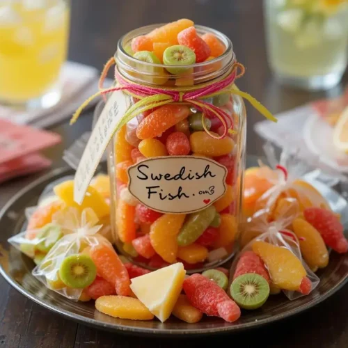 Colorful Swedish fish candy arranged on a tray alongside ingredients for a fun dessert recipe