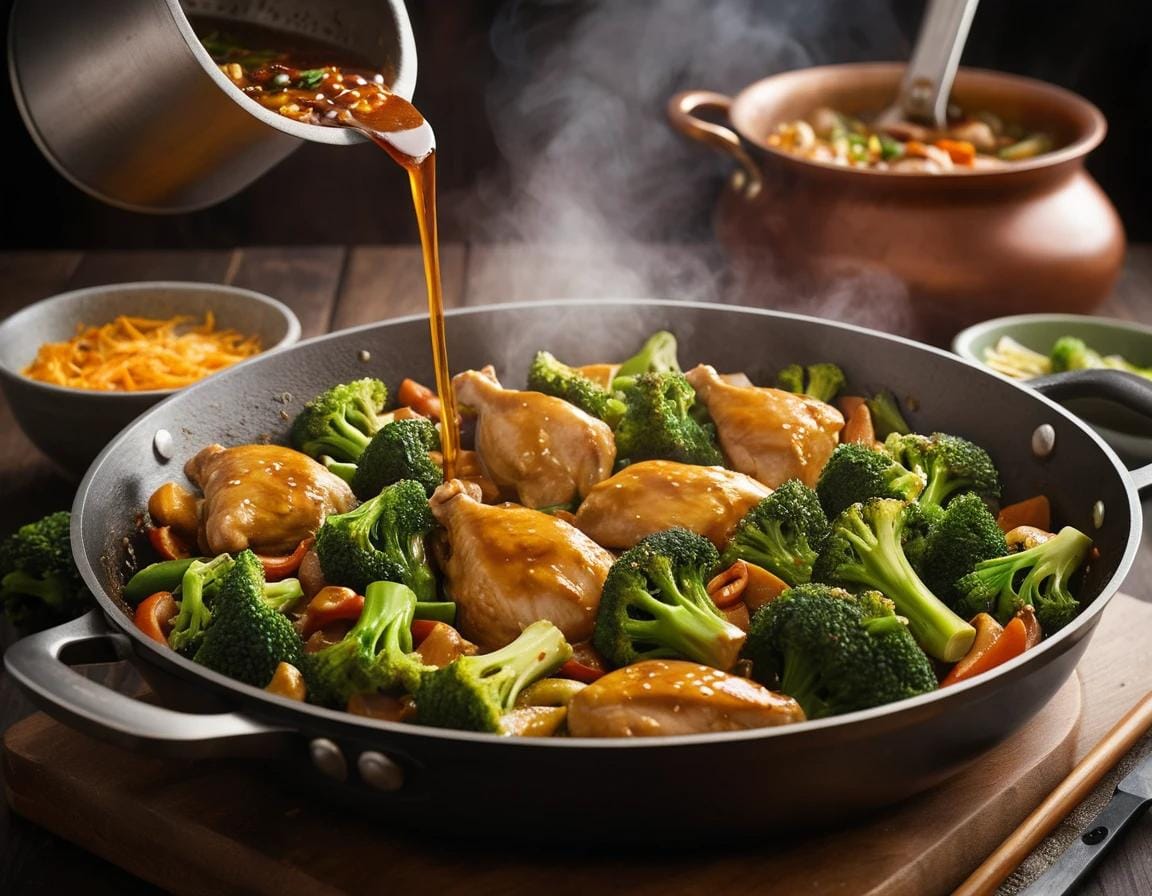 Fast Chicken and Broccoli Stir Fry in a skillet with vibrant vegetables and tender chicken pieces, served over a bed of rice
