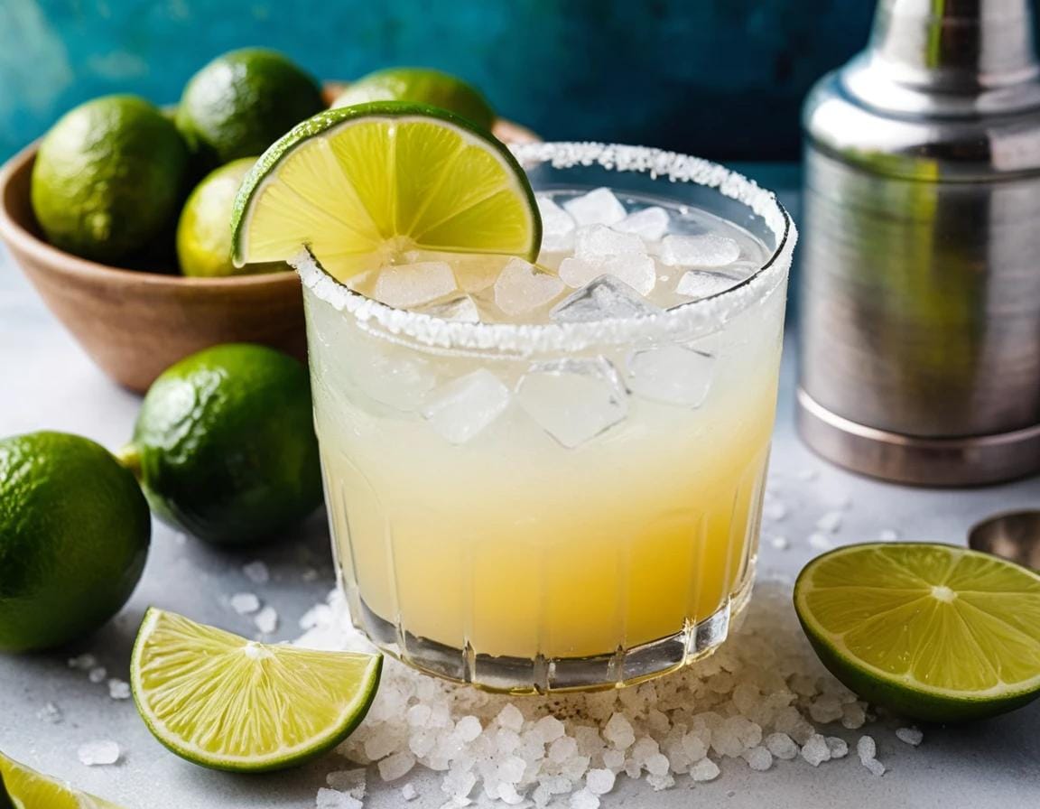 A refreshing skinny margarita recipe served in a glass with a lime wedge and salt rim, garnished with fresh mint leaves.