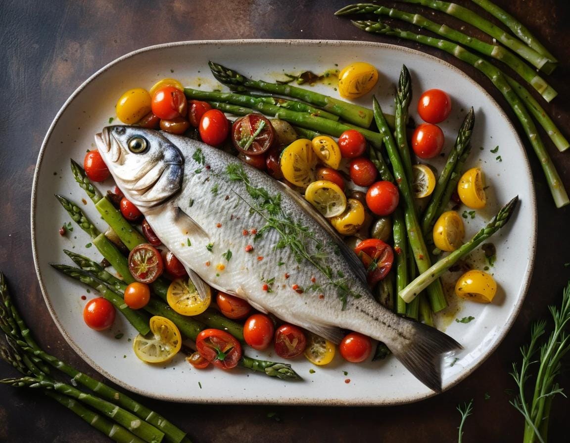Branzino Recipe fish grilled with Mediterranean herbs, served with lemon slices and fresh vegetables
