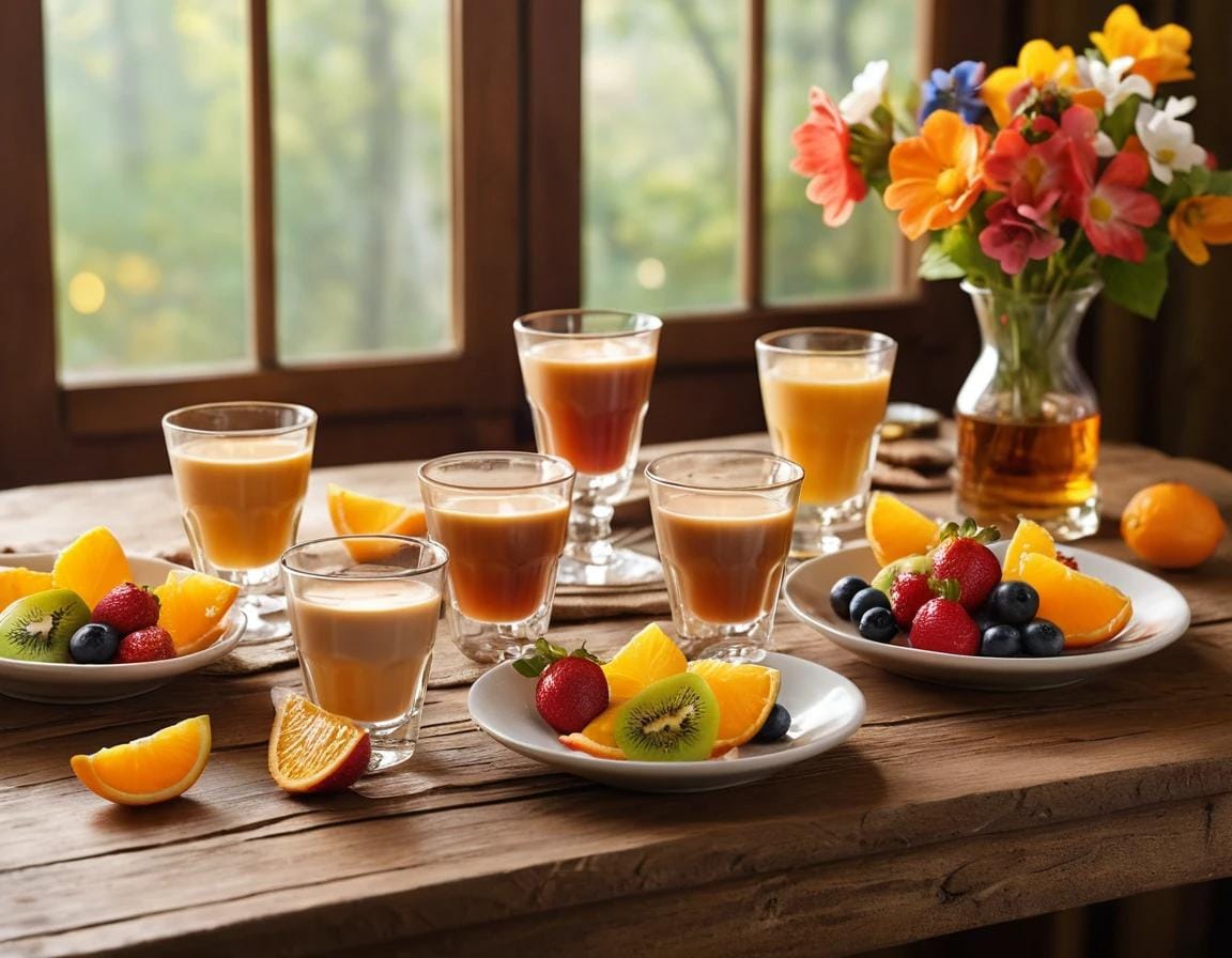 A vibrant breakfast shot made with layers of fresh fruit, yogurt, and granola, served in a clear glass, showcasing a delicious and healthy morning treat.