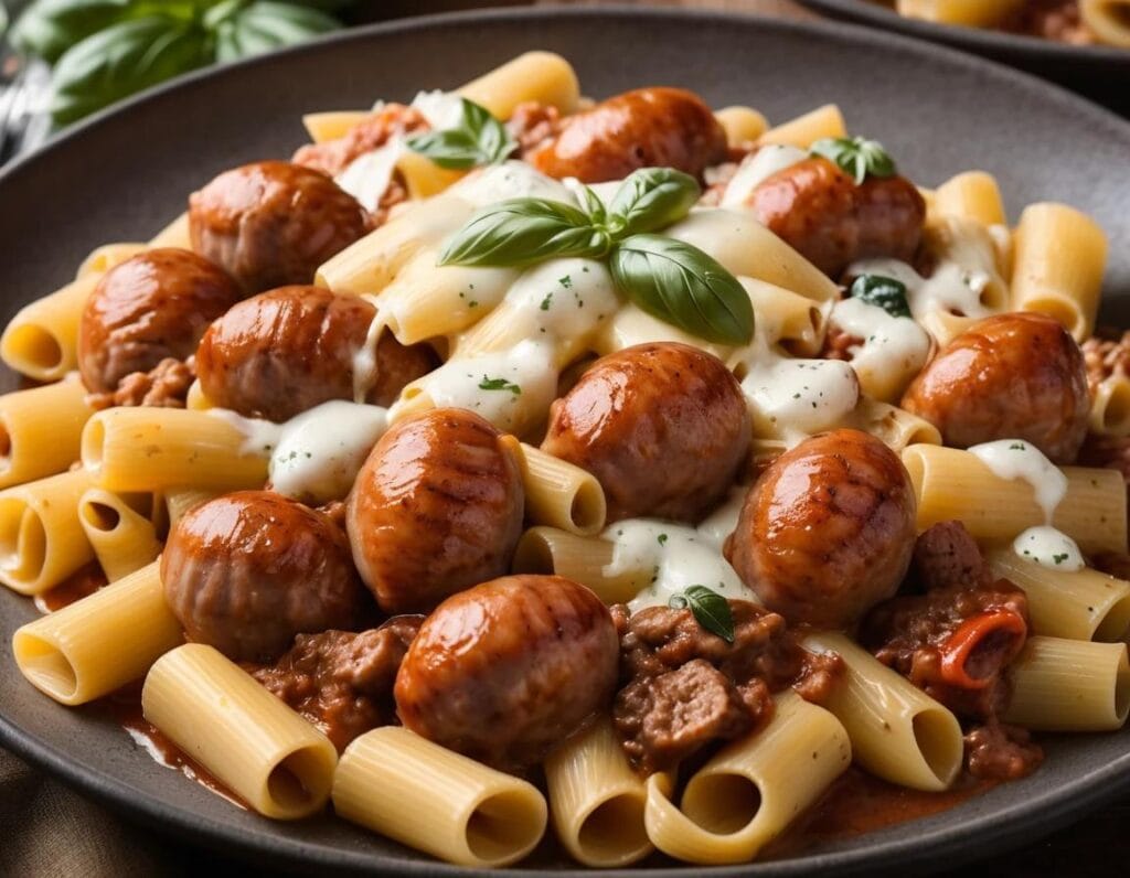A plate of delicious Ground Sausage Dinner Recipes with vegetables, served with a side of mashed potatoes and garnished with fresh herbs.