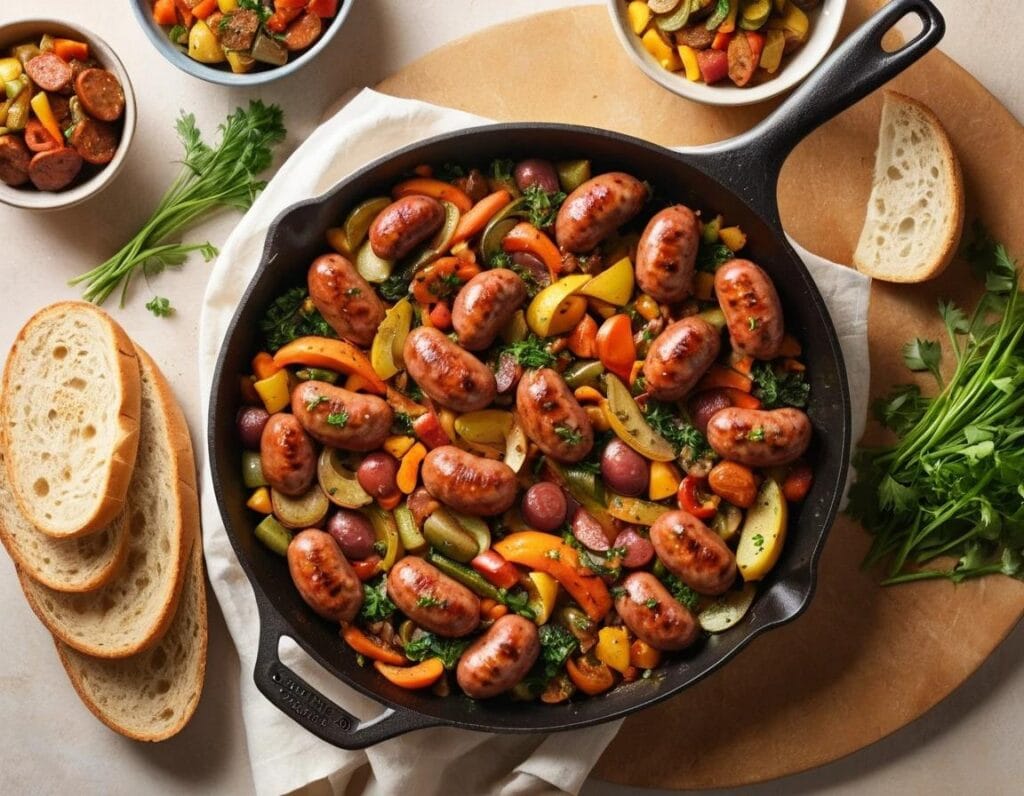 Spicy Sausage and Vegetable Skillet with vibrant peppers, zucchini, and sausage slices in a cast-iron skillet