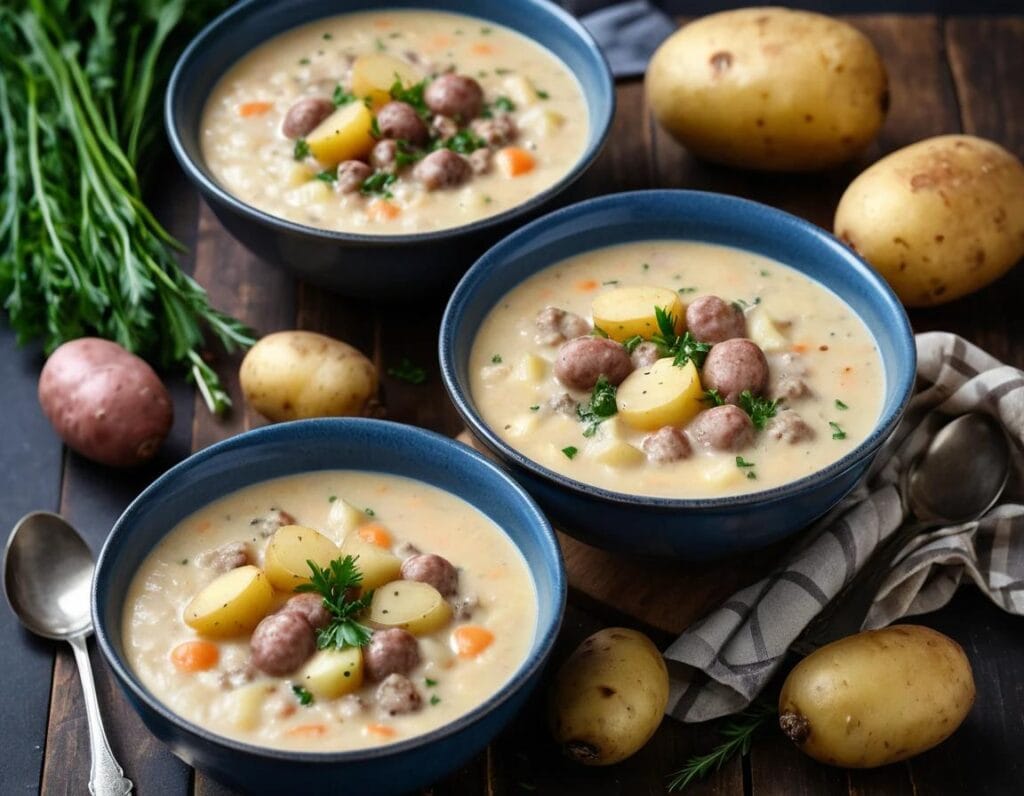 A comforting bowl of creamy sausage and potato soup, garnished with fresh herbs, served with a slice of crusty bread on the side.