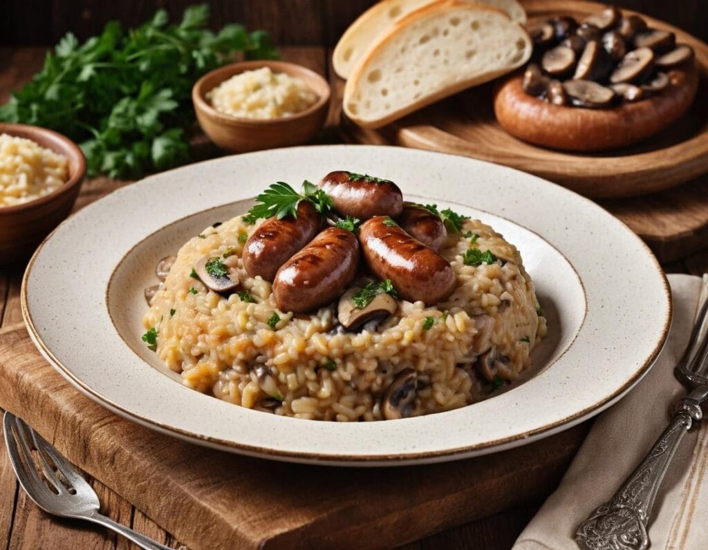Delicious plate of creamy Sausage and Mushroom Risotto garnished with fresh herbs, served in a white bowl with a spoon on the side