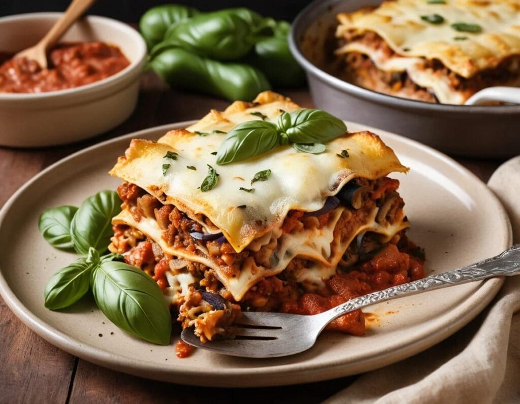 Delicious sausage and eggplant lasagna with layers of savory sausage, tender eggplant, and melted cheese, garnished with fresh basi