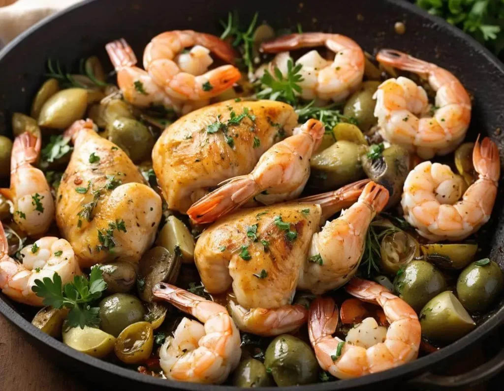 A beautifully plated dish featuring tender chicken and juicy shrimp, garnished with fresh herbs and served with a side of vibrant vegetables, highlighting the fusion of land and sea flavors