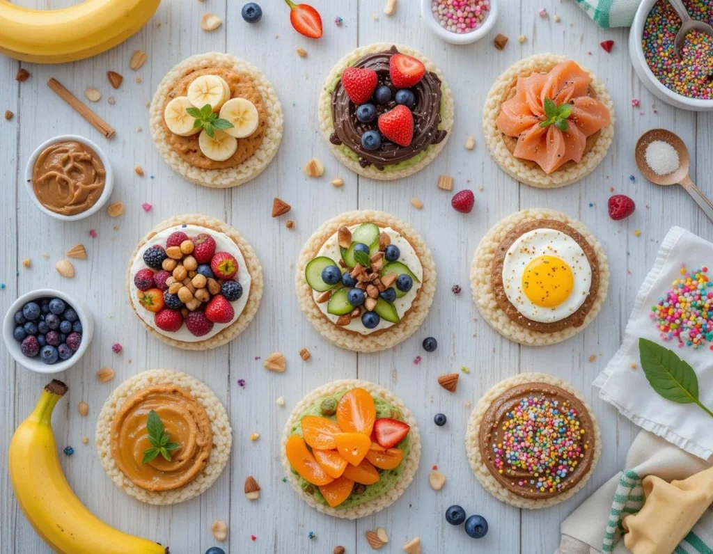 An assortment of rice cakes topped with colorful sweet and savory toppings, including fresh fruits, avocado, peanut butter, smoked salmon, and herbs, arranged beautifully on a wooden board.