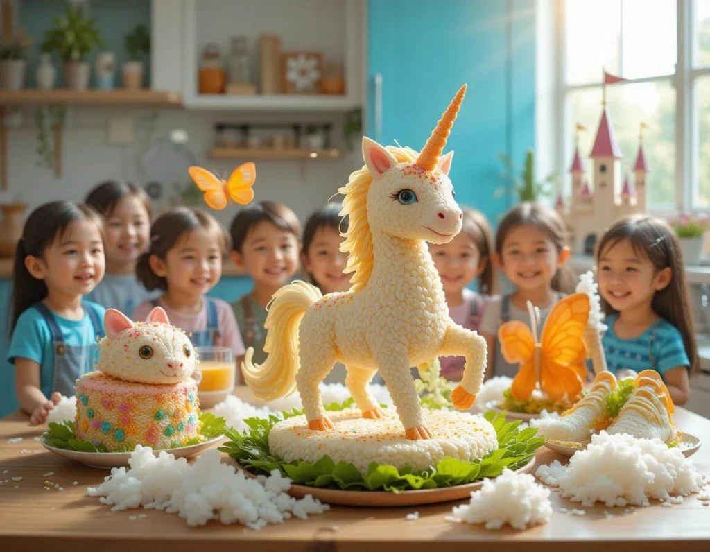 Bite-sized rice cakes shaped like animals, decorated with colorful icing and sprinkles.