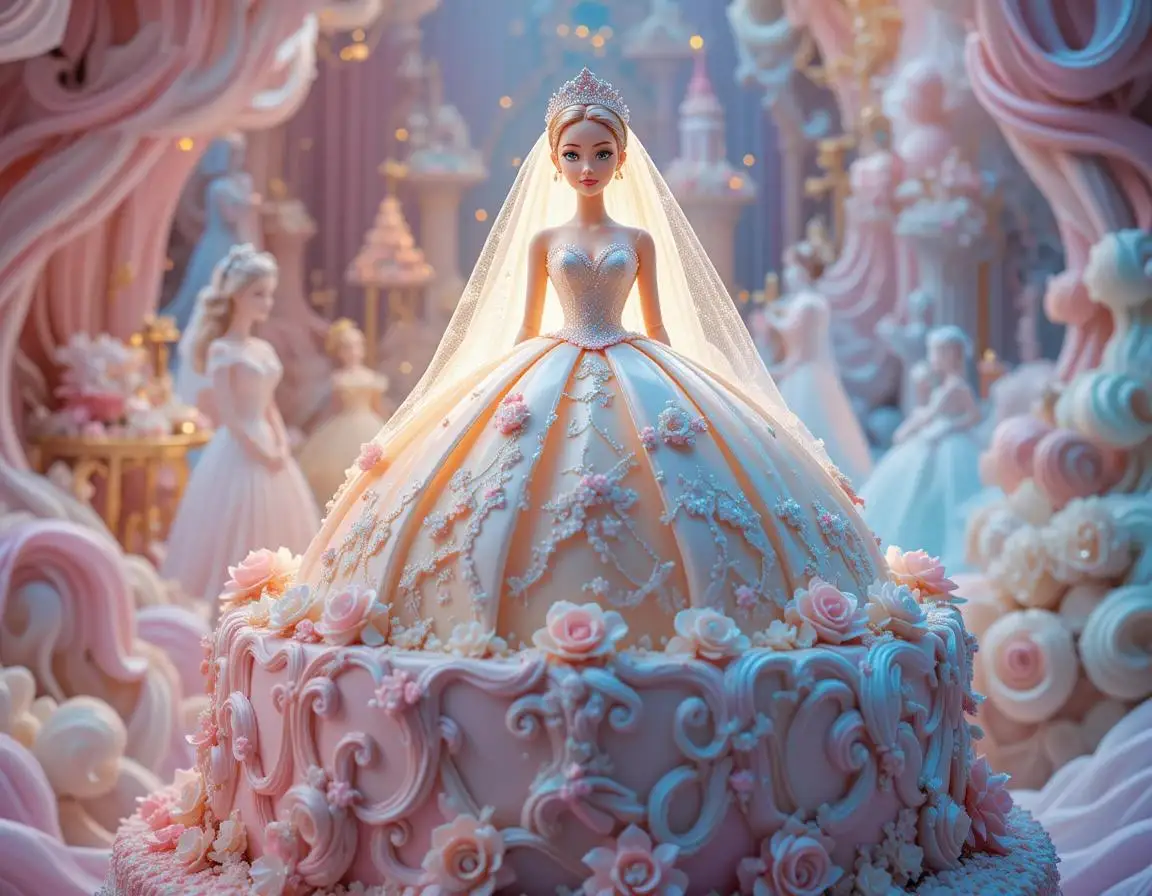 A beautifully decorated Barbie cake featuring a doll surrounded by a voluminous gown made of pink and white frosted layers. The intricate details include piped floral designs, edible glitter, and pearl accents, creating a stunning centerpiece perfect for birthdays and celebrations.