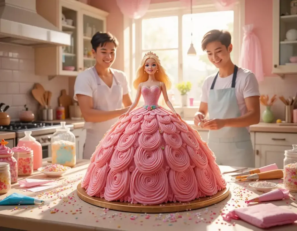 Barbie cake decorated with a fondant dress and sparkly accessories.