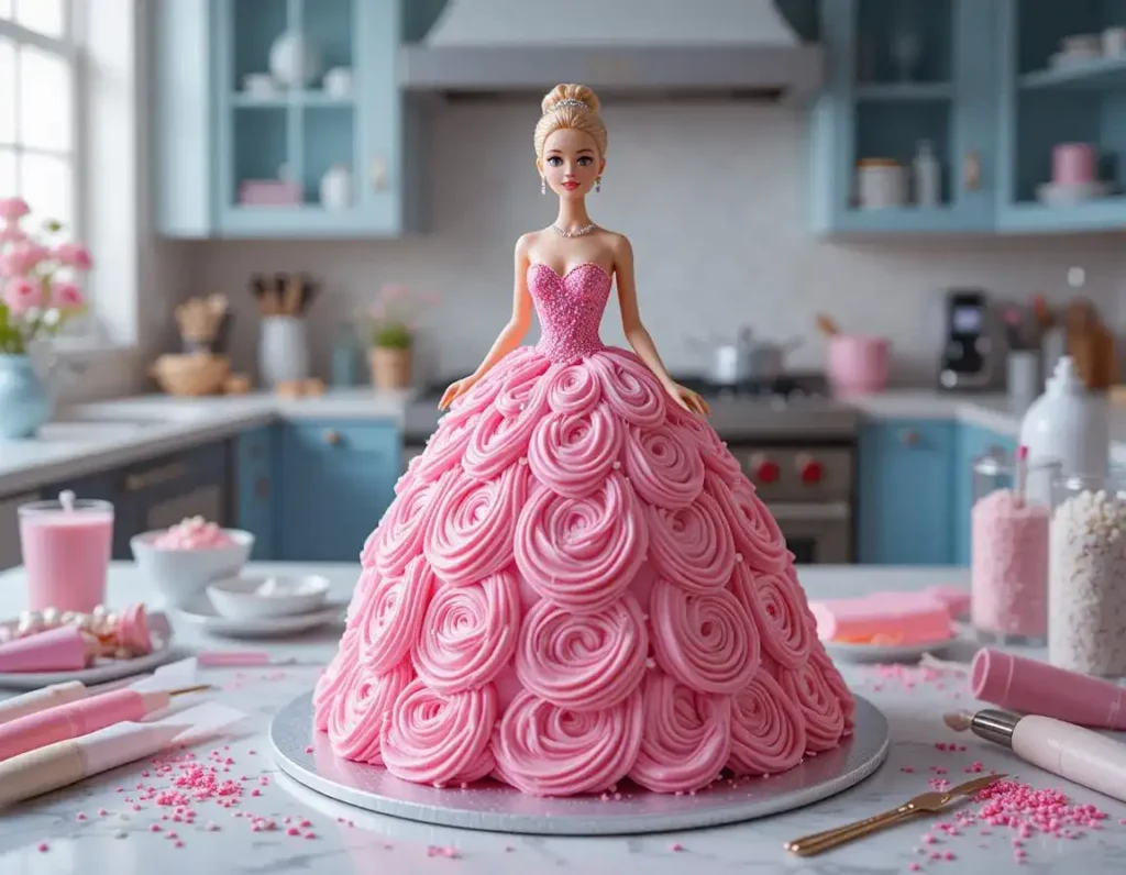 Completed Barbie cake with personalized elements, glitter, and vibrant decorations.