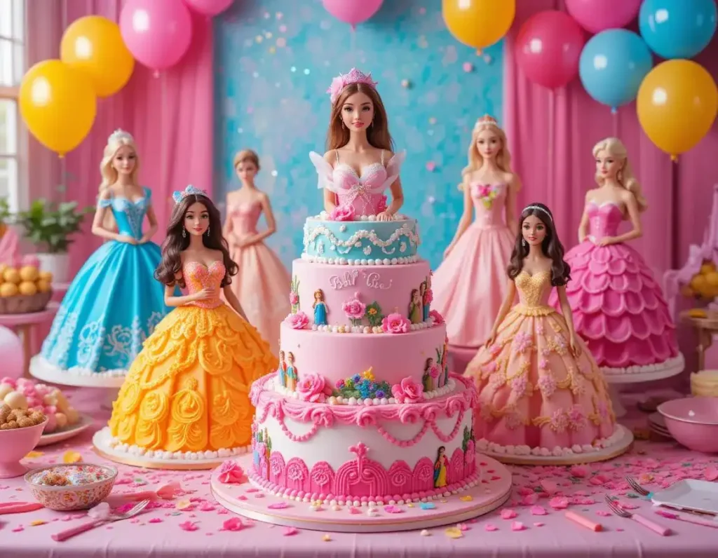 An assortment of Barbie-themed cakes styled for various party themes, featuring intricate designs and vibrant decorations.