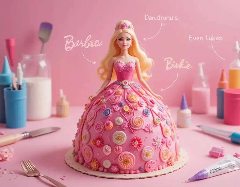 A beautifully decorated Barbie doll cake surrounded by baking tools like spatulas, piping bags, and vibrant edible decorations, with tips for creating a successful Barbie cake.
