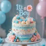 Gender reveal cake with blue and pink layers inside, sliced to reveal the baby’s gender.