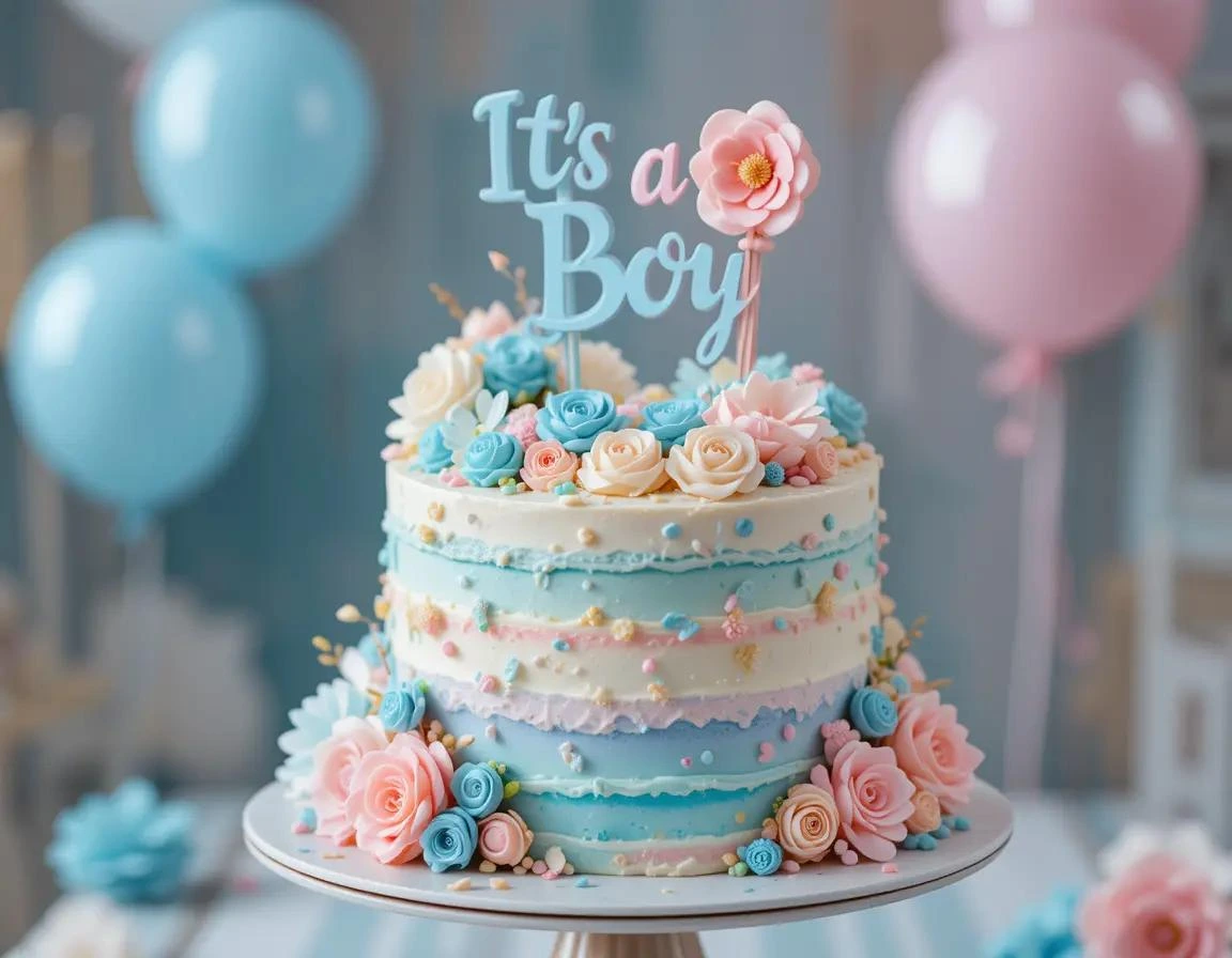 Gender reveal cake with blue and pink layers inside, sliced to reveal the baby’s gender.