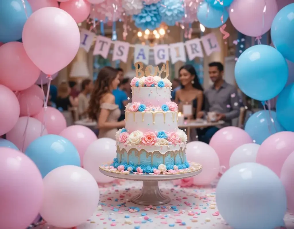 A beautifully decorated gender reveal cake with pastel blue and pink frosting, topped with "Boy or Girl?" in elegant lettering. The cake is surrounded by festive decorations, including balloons and confetti.