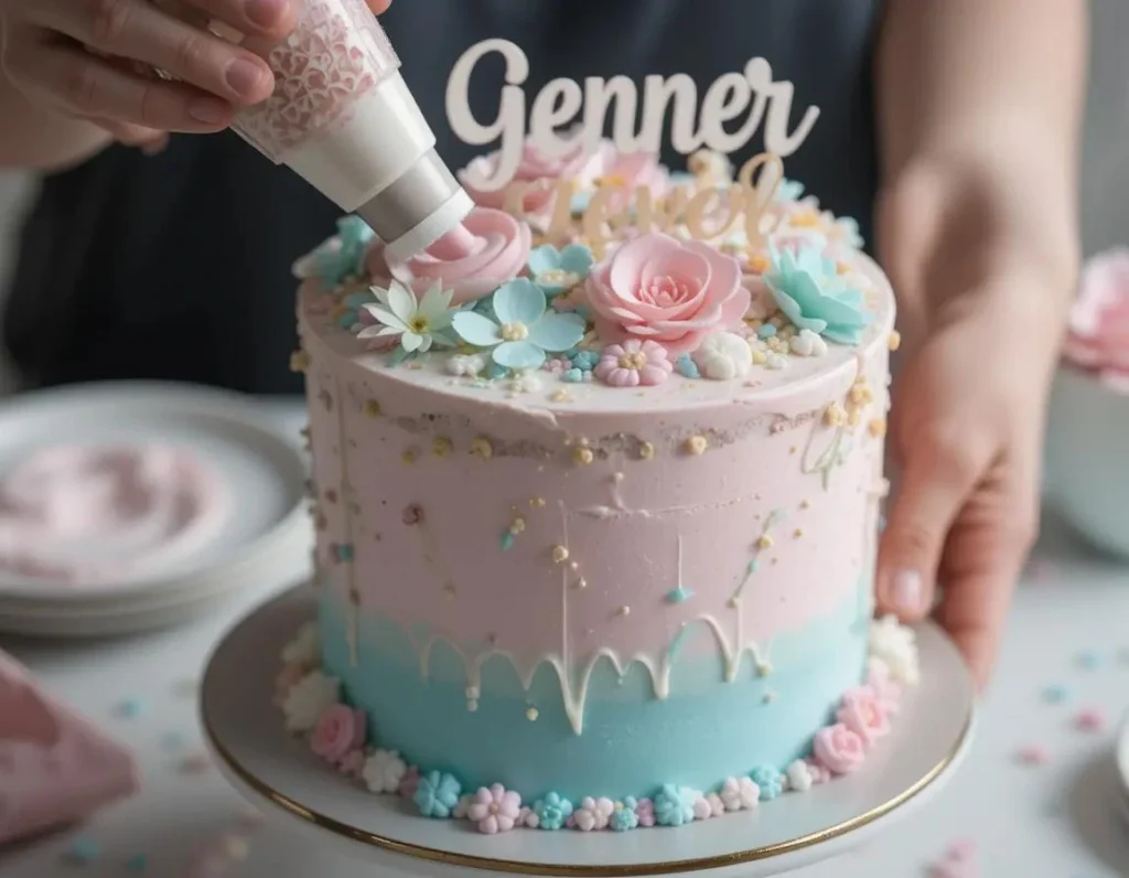 A beautifully decorated gender reveal cake with pastel pink and blue frosting, featuring a surprise center filled with colorful candies.