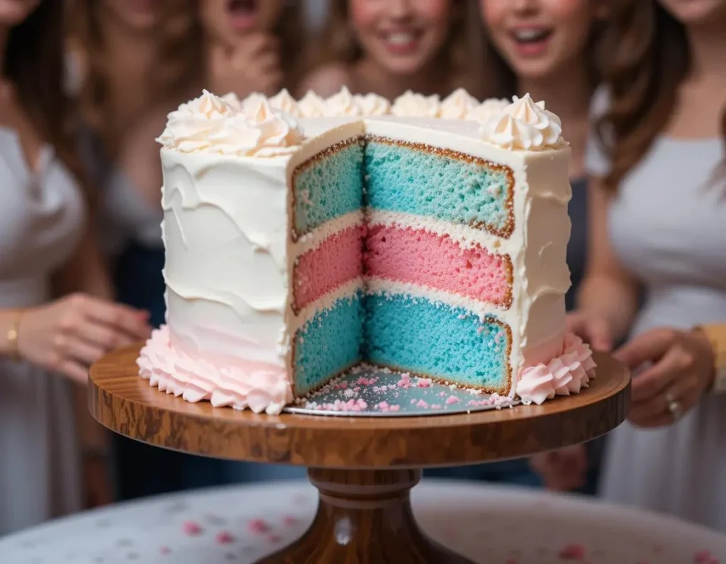 A beautifully decorated gender reveal cake with a white frosting exterior, pink and blue sprinkles, and a slice revealing a vibrant pink or blue interior, surrounded by party decorations like balloons and confetti.
