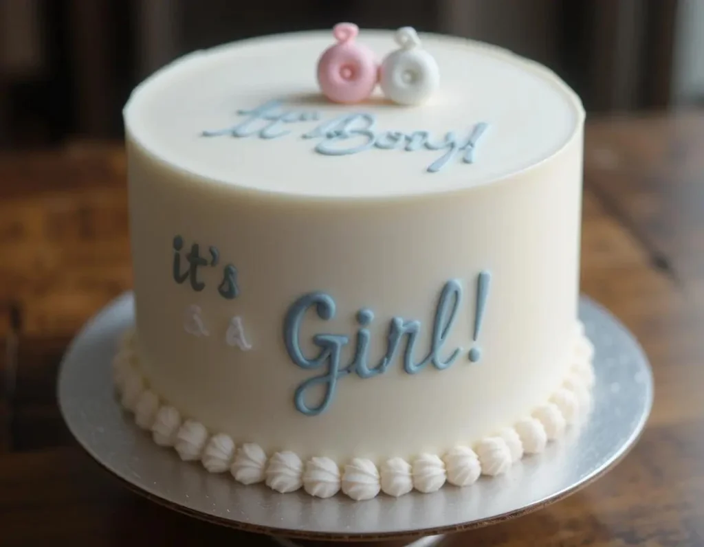 A beautifully decorated gender reveal cake with pastel pink and blue layers, surrounded by festive decorations, cupcakes, and serving utensils on a wooden table.