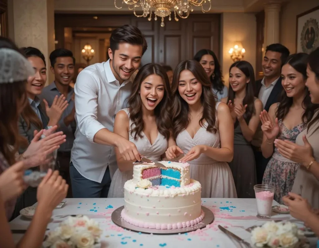 A beautifully decorated gender reveal cake with a pastel blue and pink theme, topped with an elegant "Boy or Girl?" topper, surrounded by party decorations like balloons and confetti.