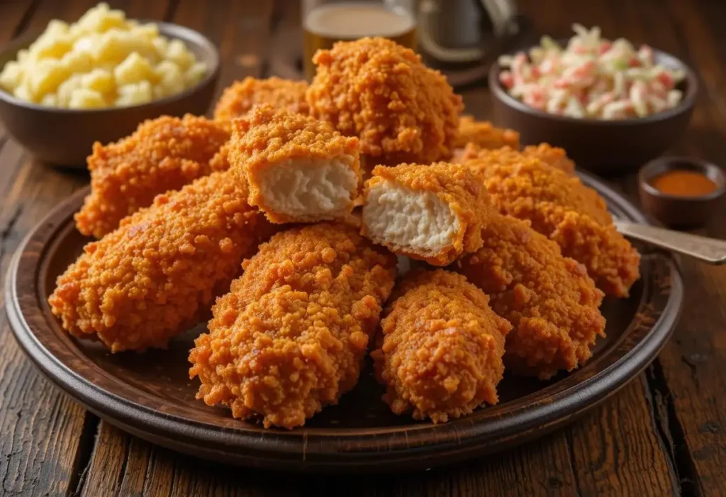 A close-up of crispy and golden New York fried chicken served with a side of fries and dipping sauce on a wooden platter.