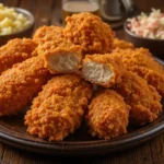A close-up of crispy and golden New York fried chicken served with a side of fries and dipping sauce on a wooden platter.